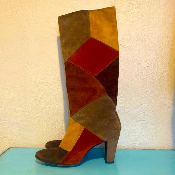 Shoes - 70s Vintage Boots Suede Patchwork Color Block Orange Fall Colors Brown Size 6.5